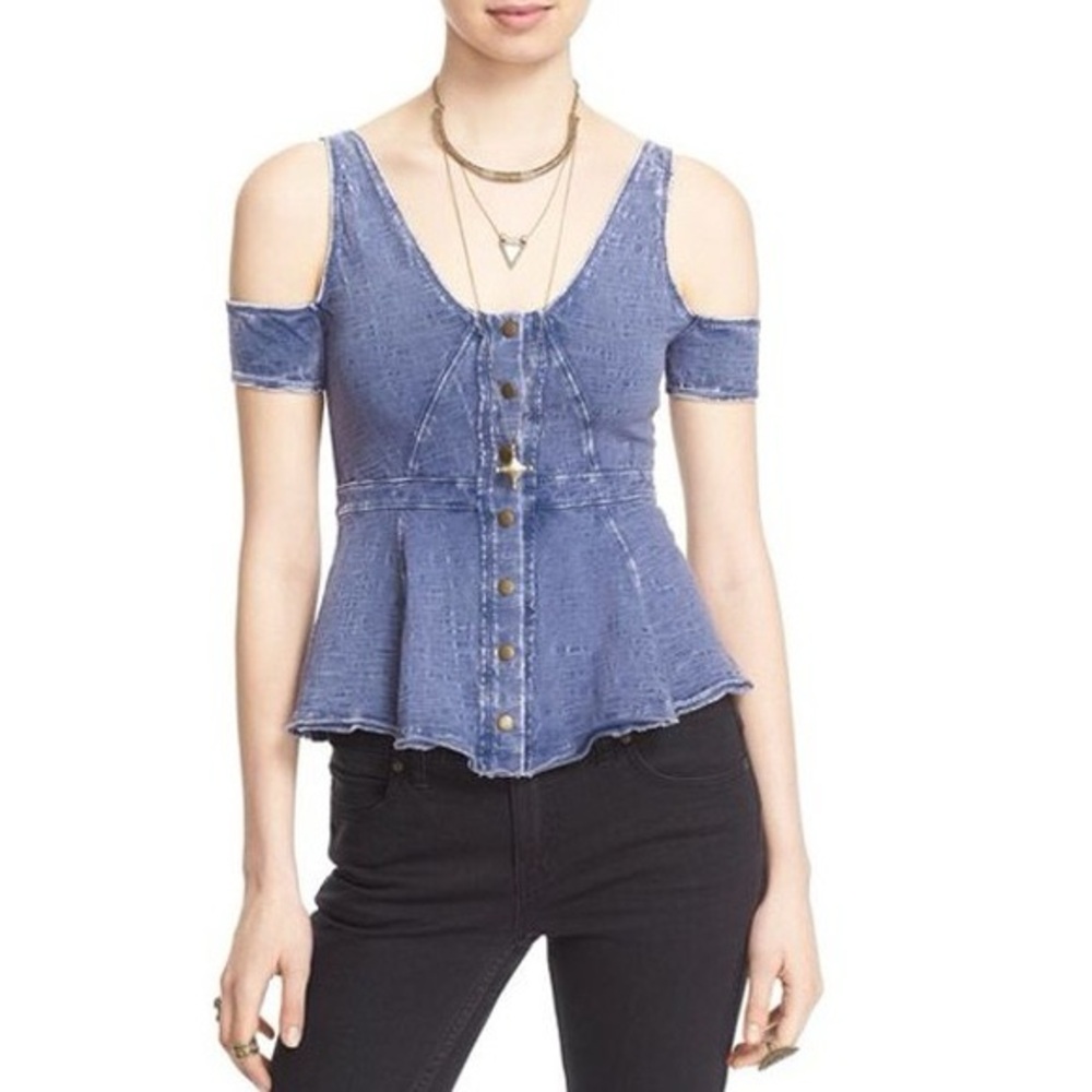 Free People Little House Cold Shoulder Top Blue
